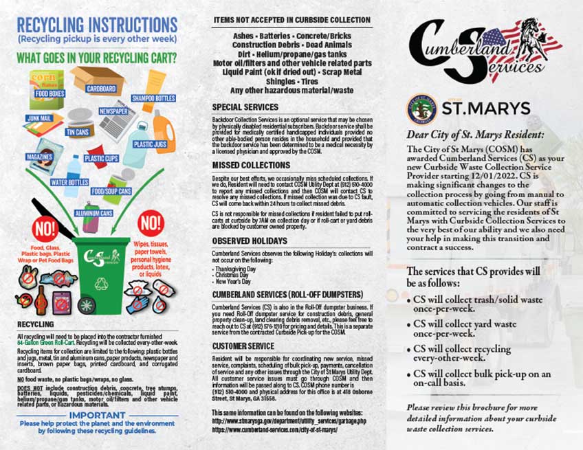 Cumberland Services curbside collection guide for the city of St. Marys
