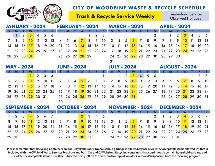 Cumberland Services and City of Woodbine 2024 Waste & recycling Calendar.