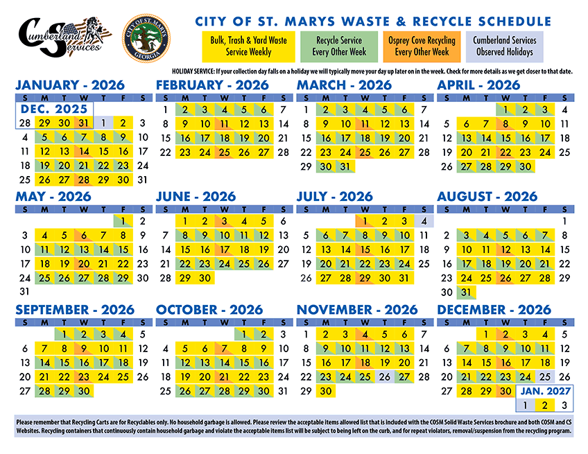 Cumberland Services and City of St. Marys waste and recycling schedule calendar.